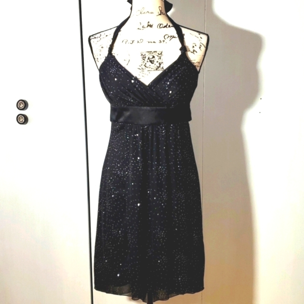 Black Chiffon Elegant Sparkle Sleeveless Halter Midi Evening Dress Sz.M